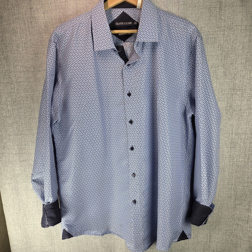 Silver Stone Collection Mens Modern Fit Blue Black Geometric LS Dress Shirt XXL